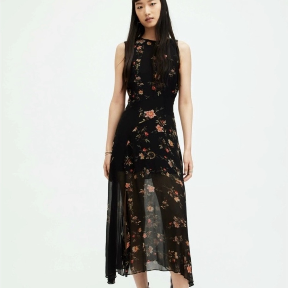 All Saints Midnight Black and floral midi dress